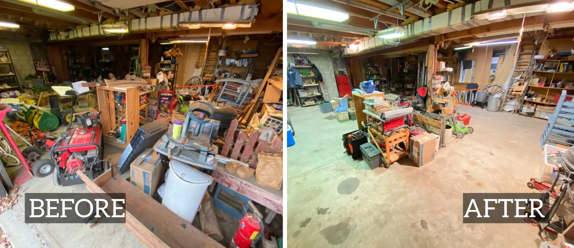 Workshop basement cleanout before and after